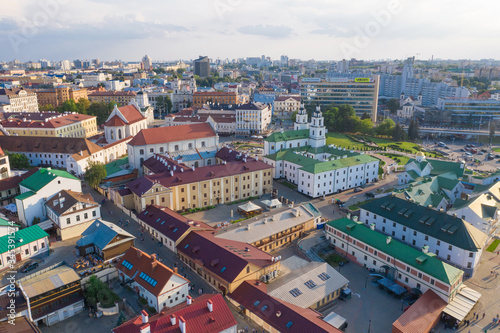MINSK, BELARUS - JULY 2019: Aerial view on a Trinity suburb - old historic centre, and Minsk city, Minsk, Belarus.