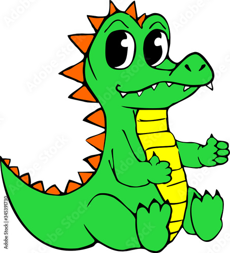 Cute crocodile sitting and smiling on a white background. Funny reptile in cartoon style. Vector illustration.