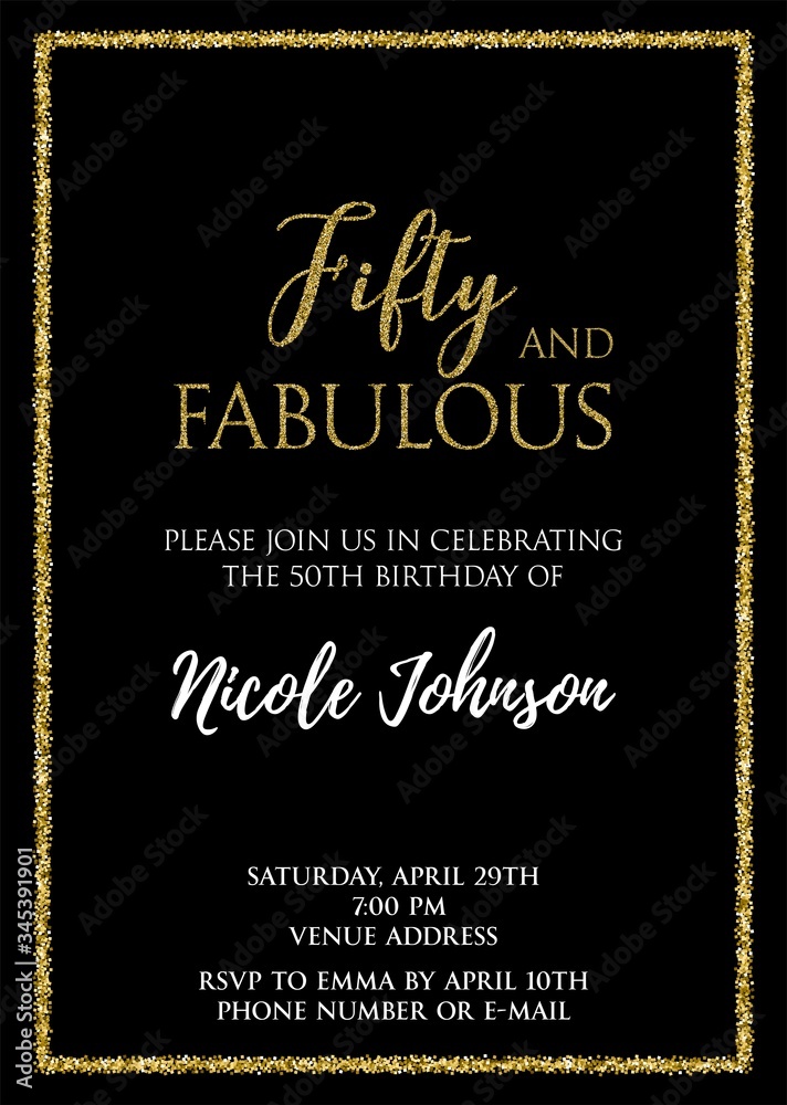 Fifty and Fabulous. Birthday party vector printable invitation card ...