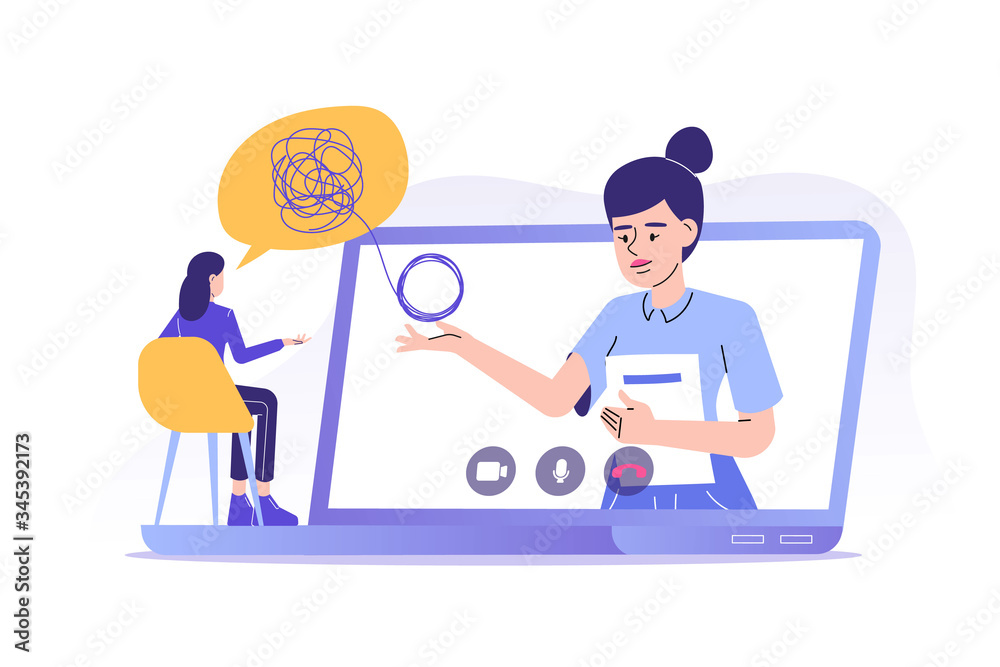 Online psychotherapy concept. Female psychotherapist helping patient by video call. Sad woman talking to psychologist. Psychological counseling services. Therapy session. Isolated vector illustration
