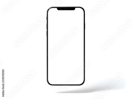Smartphone mockup, phone with blank screen and shadow isolated on white background. Symbol of lightness freshness airiness. Modern technologies social networks and applications. Copy space photo