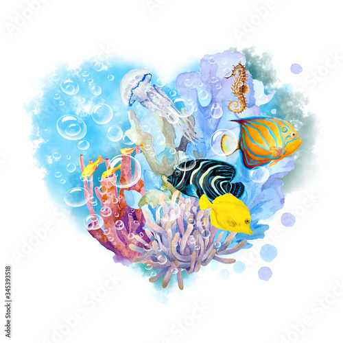 Abstract heart of a blue water with air bubbles, underwater reef with seaweed, coral, seahorse, emperor angelfish, blue-ringed angelfish, yellow tang and jellyfish. Watercolor.