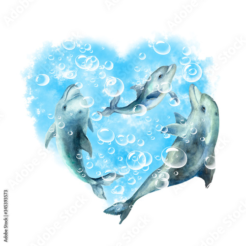 Abstract heart of a blue water with air bubbles and funny dolphins family on a white background, hand drawn watercolor.