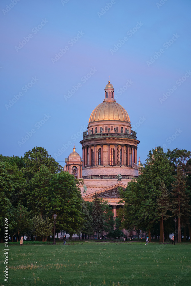 Naklejka premium St. Petersburg. Russia. Fog over Petersburg. St. Isaac's Cathedral from the Neva River. Museums of Petersburg. Architecture of Russia. Poster of St. Petersburg.