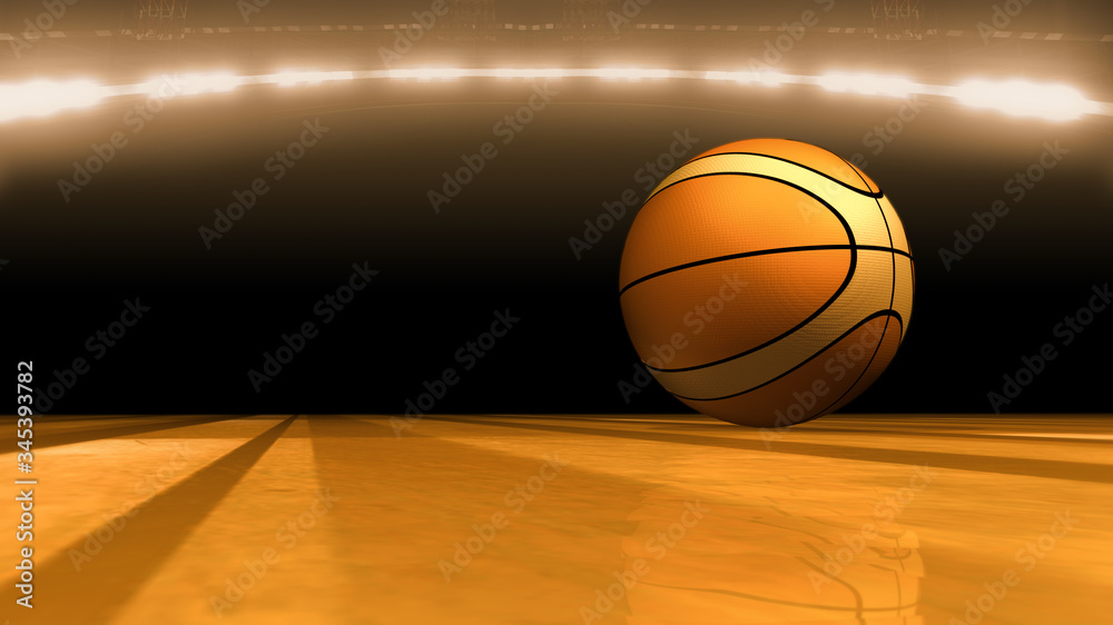 Basketball on the wooden texture court floor. Computer generated 3D render sports background with copy space for your titles or text