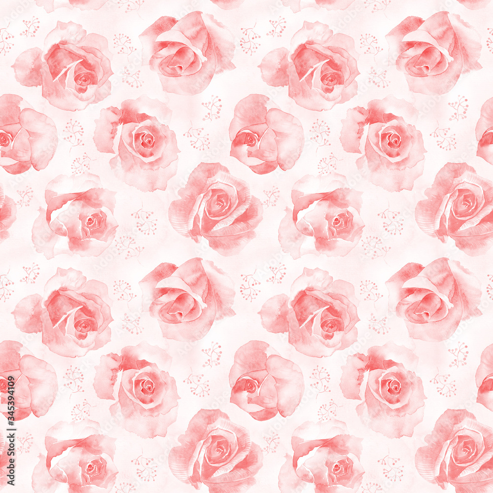 Watercolor botanical seamless background, pink roses pattern