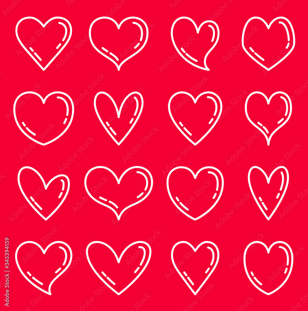 Set of heart outline icons in red background. Hearts of various vector shapes.