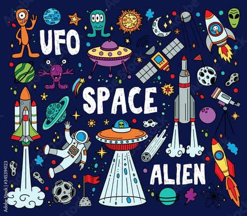 Hand drawn doodles cartoon set of space objects and symbols. Color doodle space elements on dark blue background. Vector illustration.