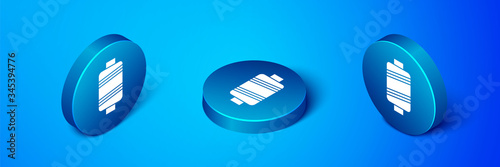 Isometric Sewing thread on spool icon isolated on blue background. Yarn spool. Thread bobbin. Blue circle button. Vector Illustration