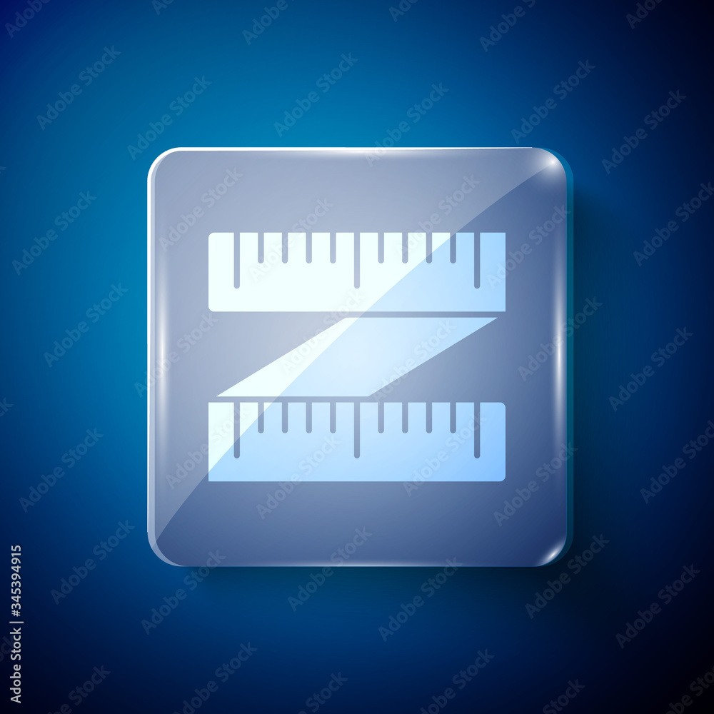 White Tape measure icon isolated on blue background. Measuring tape. Square glass panels. Vector Illustration White Tape measure icon isolated on blue background. Measuring tape. Square glass panels. Vector Illustration