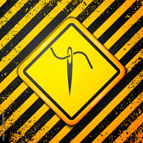 Black Needle for sewing with thread icon isolated on yellow background. Tailor symbol. Textile sew up craft sign. Embroidery tool. Warning sign. Vector Illustration