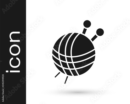 Grey Yarn ball with knitting needles icon isolated on white background. Label for hand made, knitting or tailor shop.  Vector Illustration