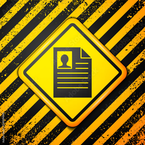 Black Resume icon isolated on yellow background. CV application. Searching professional staff. Analyzing personnel resume. Warning sign. Vector Illustration