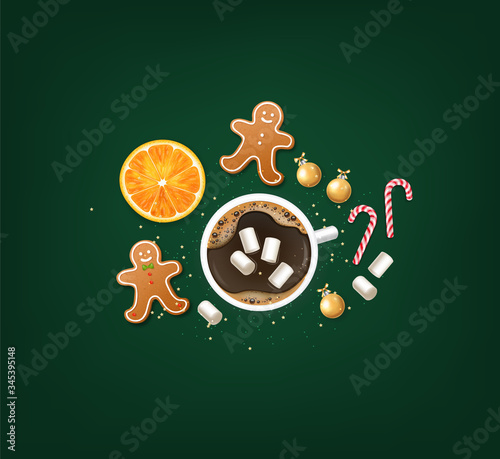 Merry Christmas, decorative design elements, winter banner, celebration background, realistic lights, christmas candy,gold ball,coffee and orange, green background vector