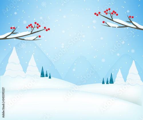 Realistic background, celebration banner, happy new year and merry christmas, hello winter, blue card with snowflakes, vector