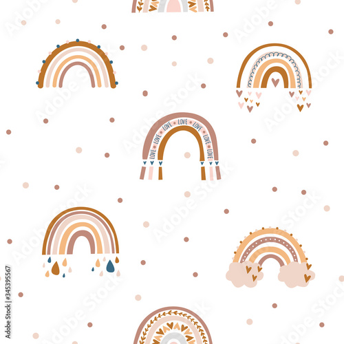 Seamless vector pattern with rainbows. Hand drawn illustration for kids. Pattern in cartoon style for poster, fabric, wallpaper, textile.