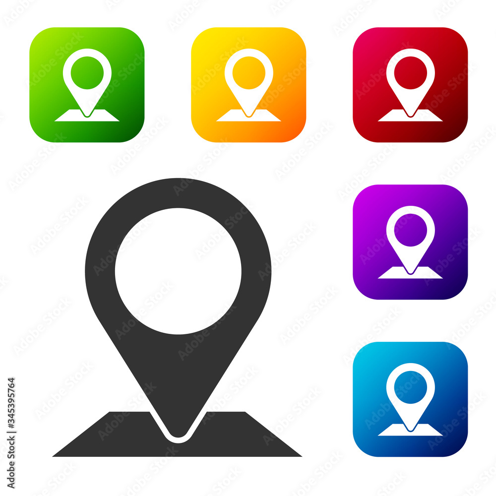 Black Map pin icon isolated on white background. Navigation, pointer, location, map, gps, direction, place, compass, search concept. Set icons in color square buttons. Vector Illustration Black Map pin icon isolated on white background. Navigation, pointer, location, map, gps, direction, place, compass, search concept. Set icons in color square buttons. Vector Illustration