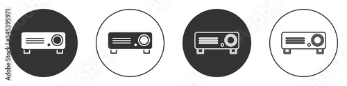 Black Presentation, movie, film, media projector icon isolated on white background. Circle button. Vector Illustration