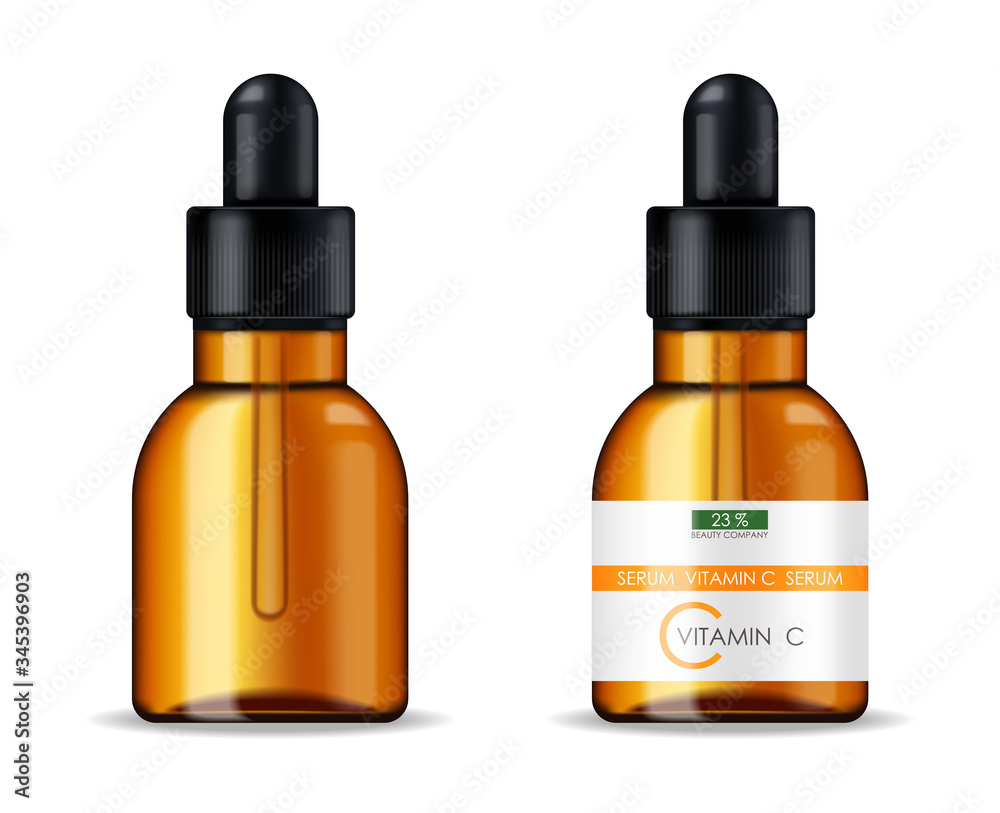 Vitamin C serum, beauty company, skin care bottle, realistic package mockup and fresh citrus, treatment essence, beauty cosmetics, vector banner Vitamin C serum, beauty company, skin care bottle, realistic package mockup and fresh citrus, treatment essence, beauty cosmetics, vector banner