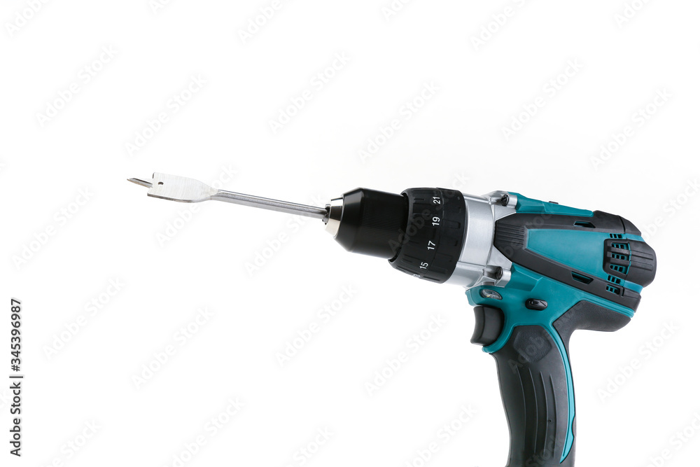 cordless drill with wood drill on white background with copy space cordless drill with wood drill on white background with copy space