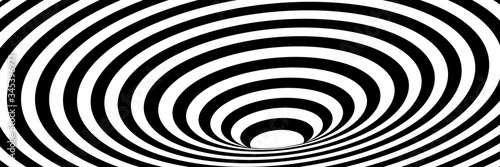 Vector abstract illustration of vortex with stripes. Trendy 3d background in op art style, optical illusion. Long horizontal banner