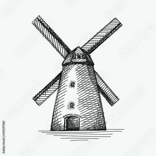 Hand-drawn sketh of windmill on a white background. Wheat and Flour production and making.