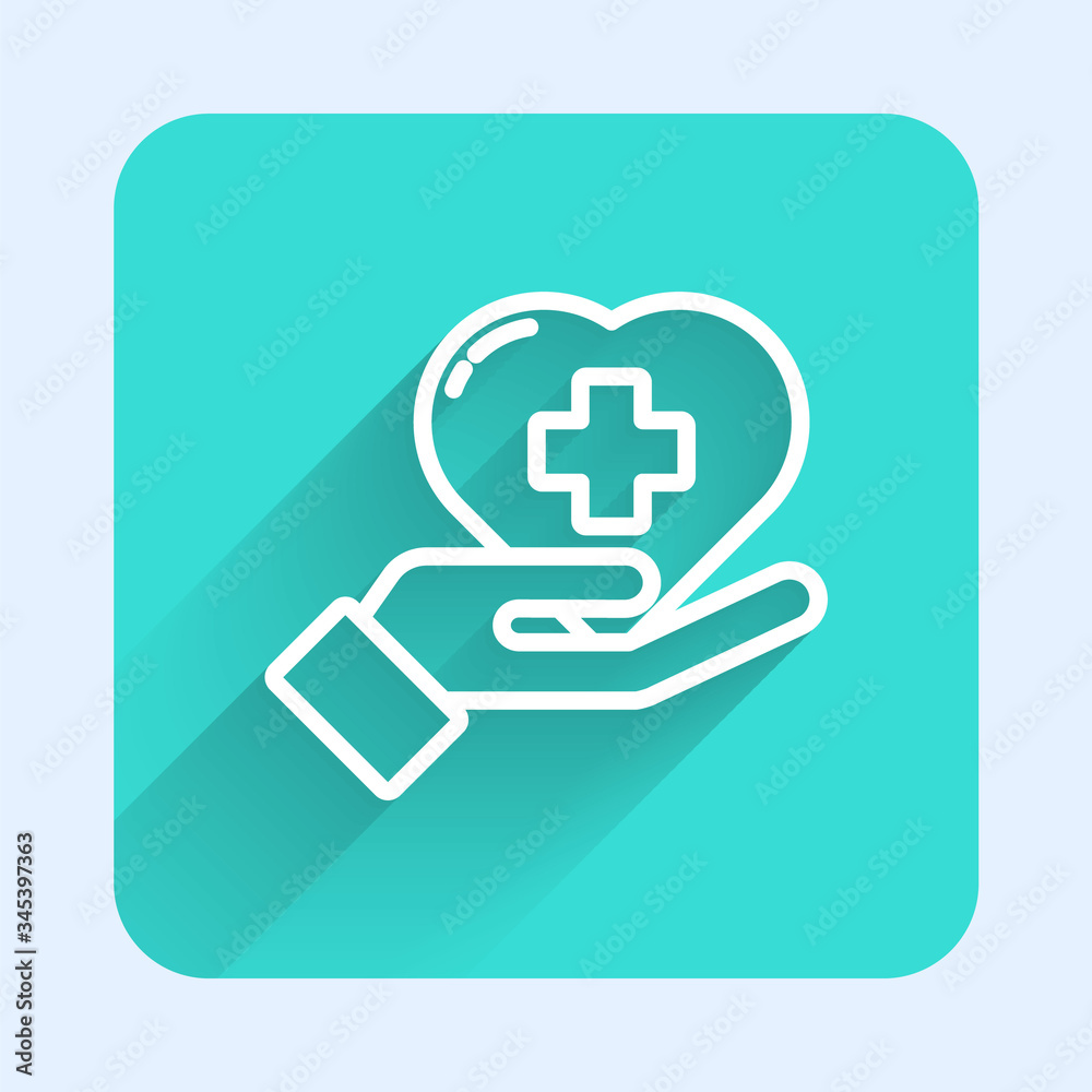 White line Heart with a cross icon isolated with long shadow. First aid. Healthcare, medical and pharmacy sign. Green square button. Vector Illustration White line Heart with a cross icon isolated with long shadow. First aid. Healthcare, medical and pharmacy sign. Green square button. Vector Illustration