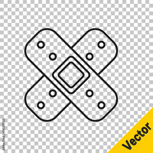 Black line Crossed bandage plaster icon isolated on transparent background. Medical plaster, adhesive bandage, flexible fabric bandage.  Vector Illustration