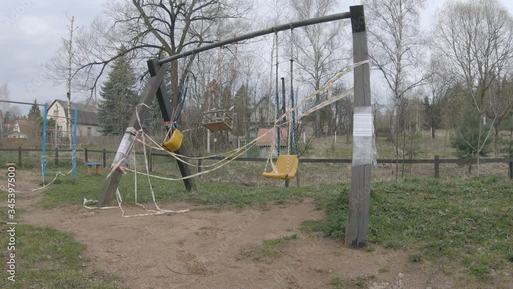 Quarantine, pandemic, epidemic, playground, empty playground, swing, childrens slide, sandbox. Quarantine, pandemic, epidemic, playground, empty playground, swing, childrens slide, sandbox.