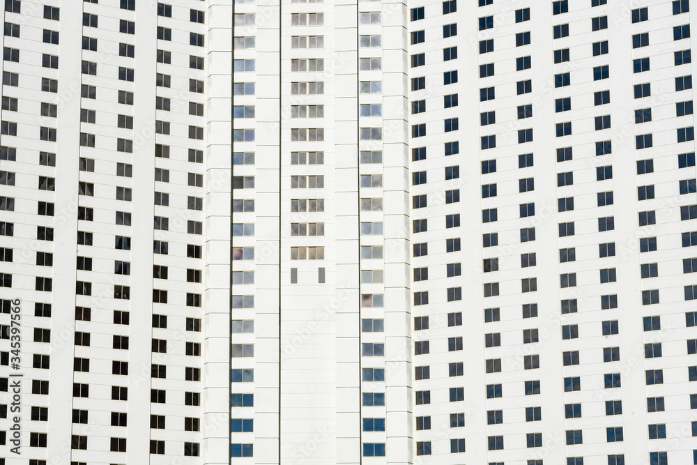 Black and white pattern formed by windows of rooms in a hotel