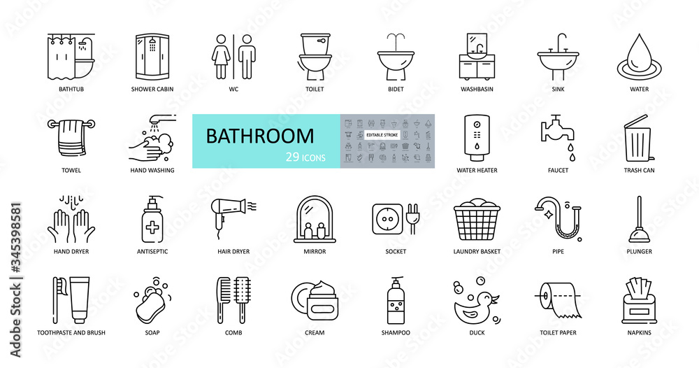 Vector bathroom icons. Editable Stroke. Shower, bath, toilet, bidet, mirror, water tap. Laundry and garbage basket. Cosmetics shampoo comb cream. Toilet paper napkins