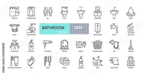 Vector bathroom icons. Editable Stroke. Shower, bath, toilet, bidet, mirror, water tap. Laundry and garbage basket. Cosmetics shampoo comb cream. Toilet paper napkins