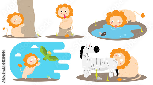 Isolated adorable African lion in 5 funny situations which related to his animal behavior.