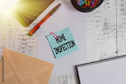 Text sign showing Home Inspection. Business photo showcasing Examination of the condition of a home related property Smartphone sheet clips ballpoint notebook envelope note wooden background photo