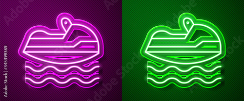 Glowing neon line Jet ski icon isolated on purple and green background. Water scooter. Extreme sport.  Vector Illustration