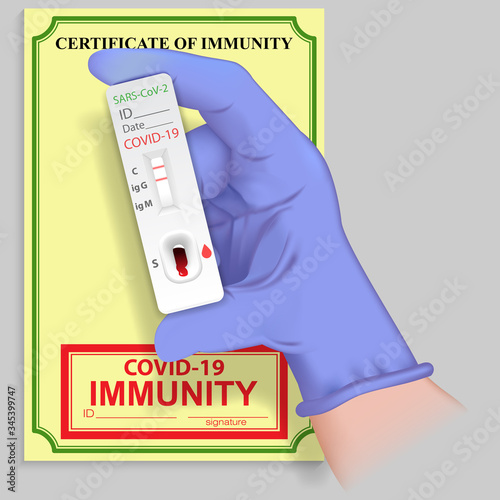 Hand in medical glove and rapid test antibodies coronavirus with positive Ig G result on certificate of immunity. Immunity to Covid 19 virus. No infectious disease Sars 2019-nCoV.