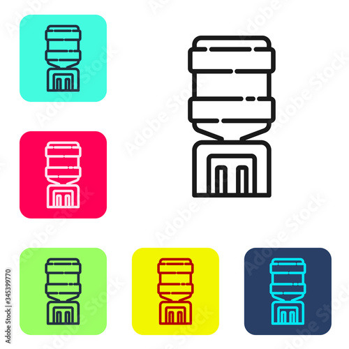 Black line Water cooler for office and home icon isolated on white background. Water dispenser. Bottle office, plastic and liquid. Set icons in color square buttons. Vector Illustration