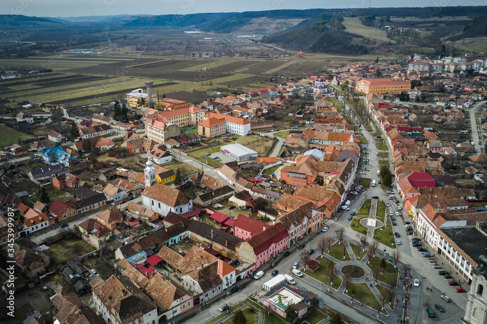 Aeriial view of Dumbraveni city, Transylvania