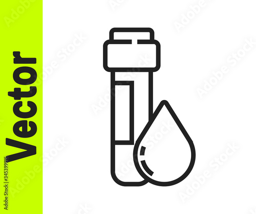 Black line Test tube with water drop icon isolated on white background.  Vector Illustration