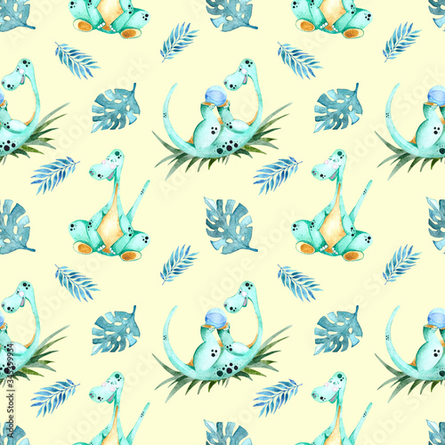 Little dinosaur. Seamless pattern, watercolor painting. For children's textiles, products, and postcards.