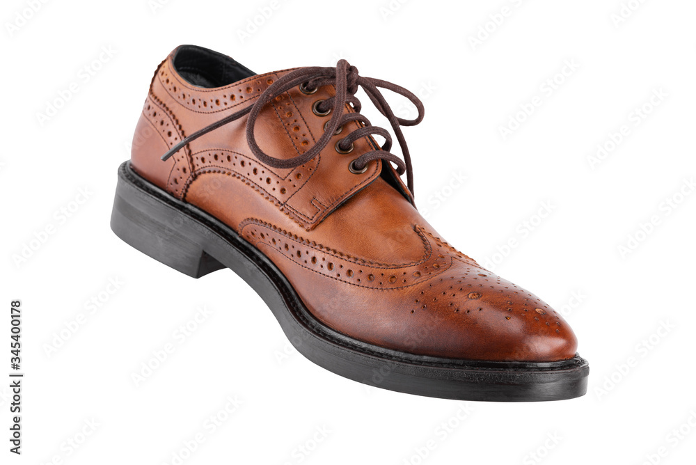 Classic brown men's oxfords shoes, with Derby type lacing, isolated on a white background, casual shoes for office Classic brown men's oxfords shoes, with Derby type lacing, isolated on a white background, casual shoes for office