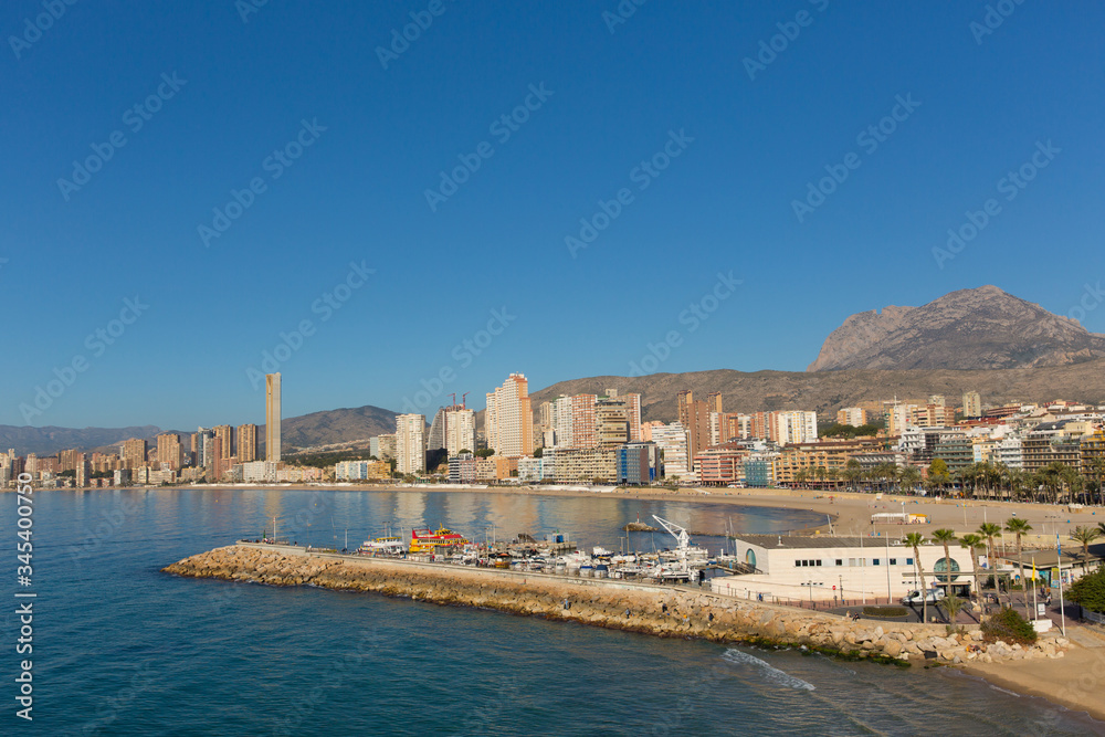 Benidorm Cala del mal pas beach and the boat jetty from the viewpoint in old town Costa Blanca Spain