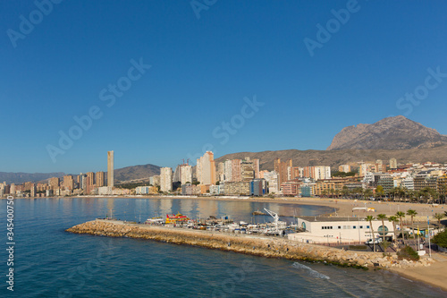 Benidorm Cala del mal pas beach and the boat jetty from the viewpoint in old town Costa Blanca Spain