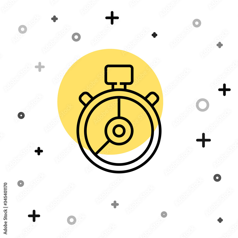 Black line Stopwatch icon isolated on white background. Time timer sign. Chronometer sign. Random dynamic shapes. Vector Illustration