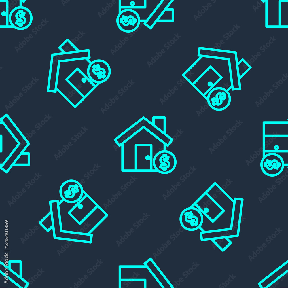 Green line House with dollar symbol icon isolated seamless pattern on blue background. Home and money. Real estate concept. Vector Illustration Green line House with dollar symbol icon isolated seamless pattern on blue background. Home and money. Real estate concept. Vector Illustration