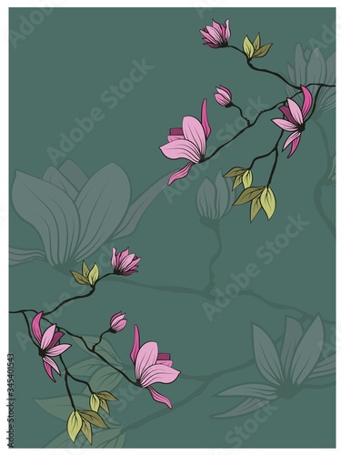Vintage sketch closeup of pink magnolia branch with leaves on green background for decorative design. Vector romantic floral illustration. Spring background. Hand drawn illustration