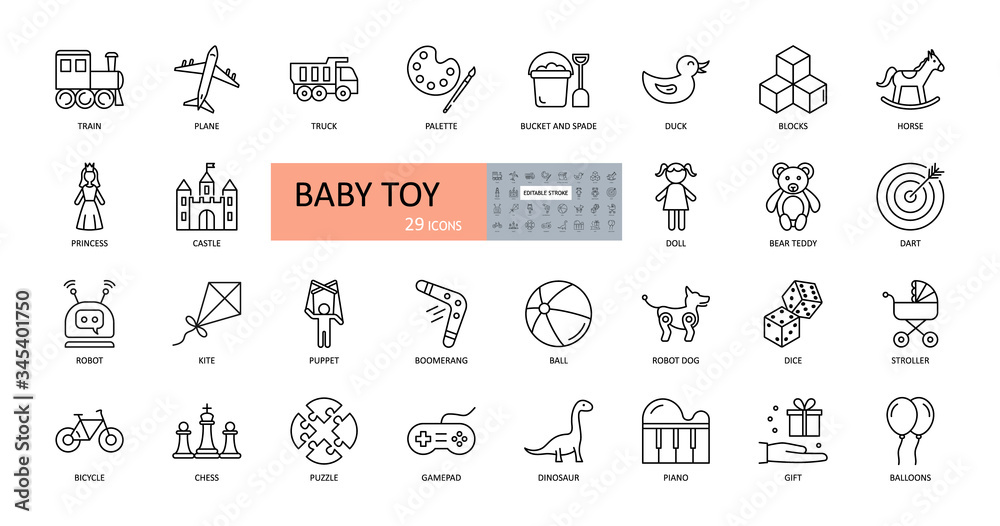 Vector baby toy icons. Editable Stroke. Cars, dolls, robots. Princess castle, teddy bear horse duck. Toys for children of different ages, for boys and girls
