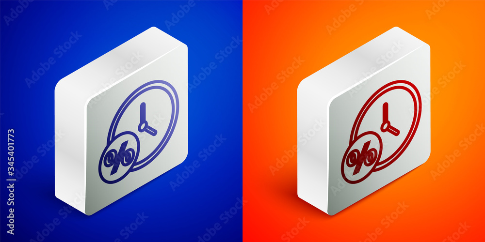 Isometric line Clock and percent icon isolated on blue and orange background. Silver square button. Vector Illustration