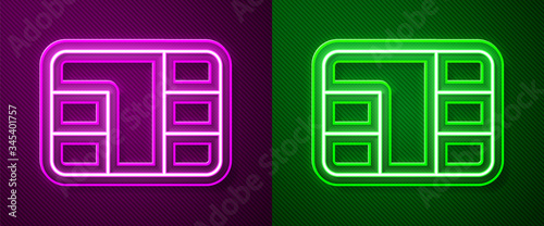 Glowing neon line Credit card with chip icon isolated on purple and green background. Contactless payment.  Vector Illustration