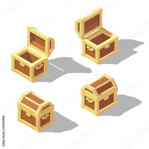 Set of vector isometric treasure chests. Game design concept.